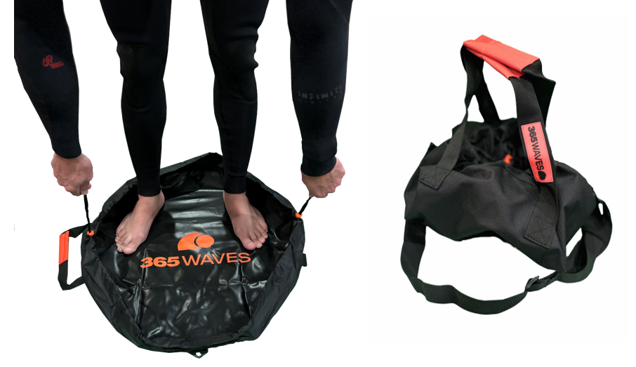 A man in a wetsuit demonstrating how to cinch up the Changing Mat/Dry Bag
