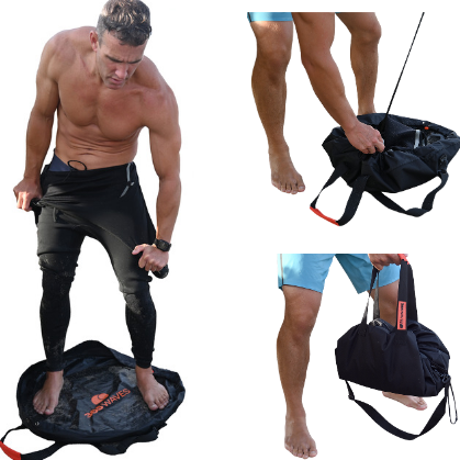 Three stages of using the Changing Mat/Dry Bag to store your wetsuit.